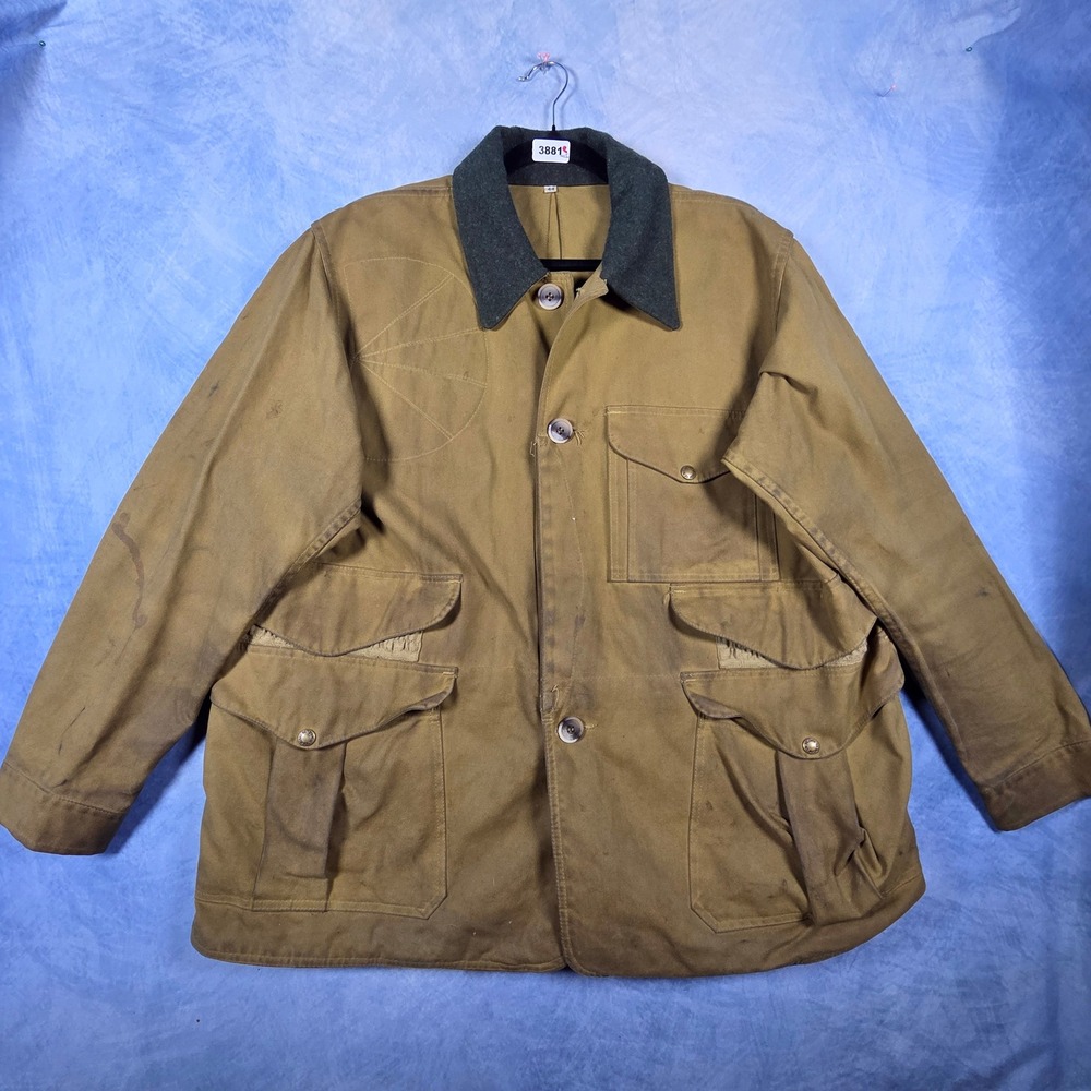 Vintage Filson Hunting Jacket Tan Canvas Wool Collar Game Bag USA Made Size 44